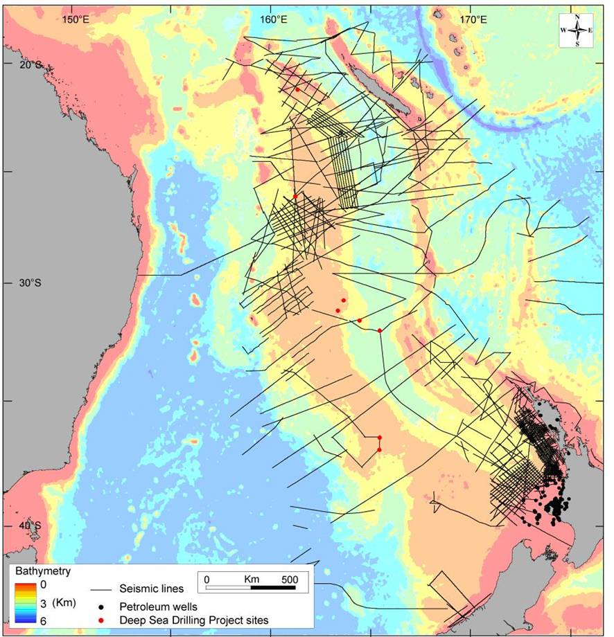 Carte de localisation des profils sismiques de la Tasman Frontier Geophysical Database développée en collaboration par les services géologiques régionaux (Geoscience Australia, GNS-Science et SGNC).
