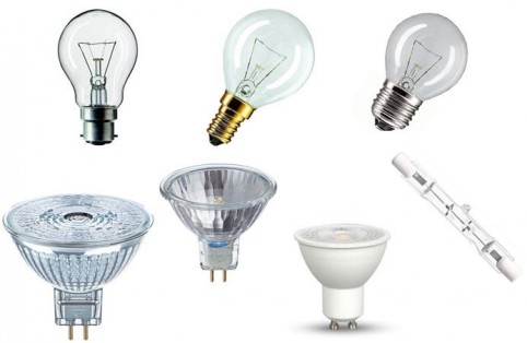 Exemples d’ampoules à incandescence ou halogènes qui seront interdites à l’importation. * excepté pour des usages professionnels ou spécifiques (automobile, industrie, photographie, médical etc.)